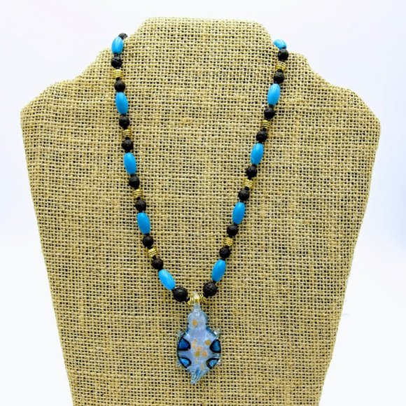 TURTLE*DICHROIC BLUE ART GLASS PENDANT*LAVA STONE*NECKLACE*TRENDY*HANDCRAFTED - Picture 3 of 7
